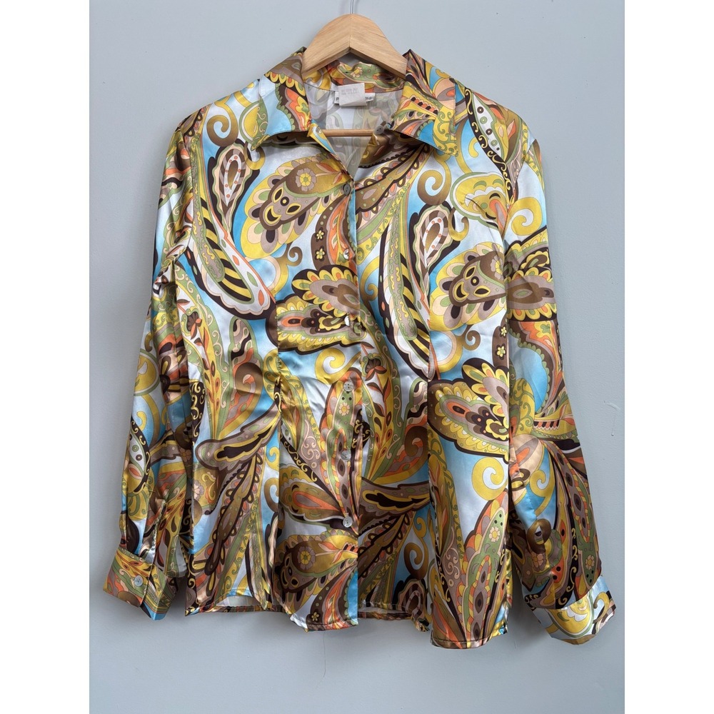 Vtg Paris Sport Club Womens L Paisley Satin Button Up Shirt Blue Yellow Retro